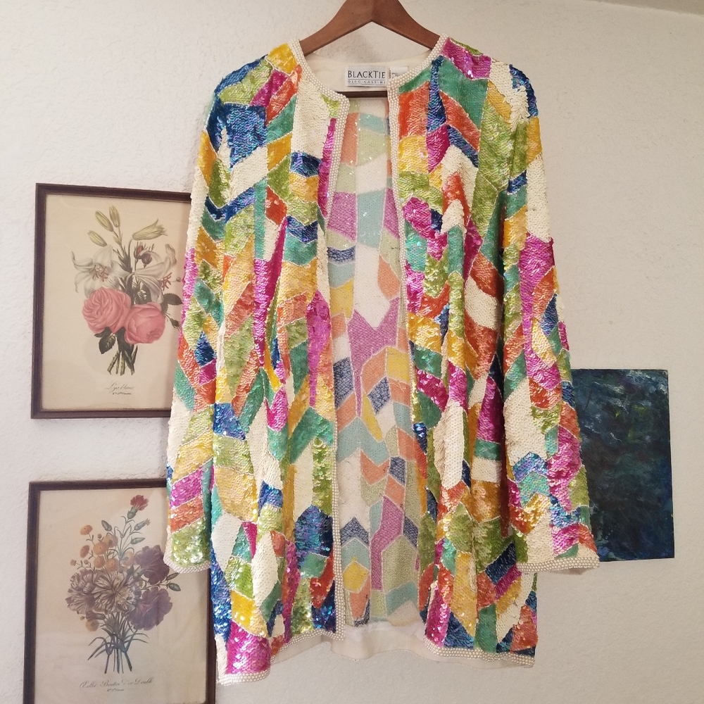 Vintage rainbow sequin silk cardigan